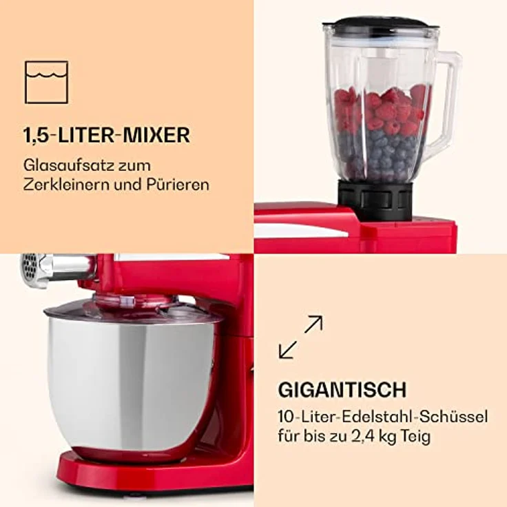 Klarstein Renata Rossa Küchenmaschine 3-in-1 2000 W / 2,7 PS 5 Ltr Edelstahl BPA-frei – Bild 5
