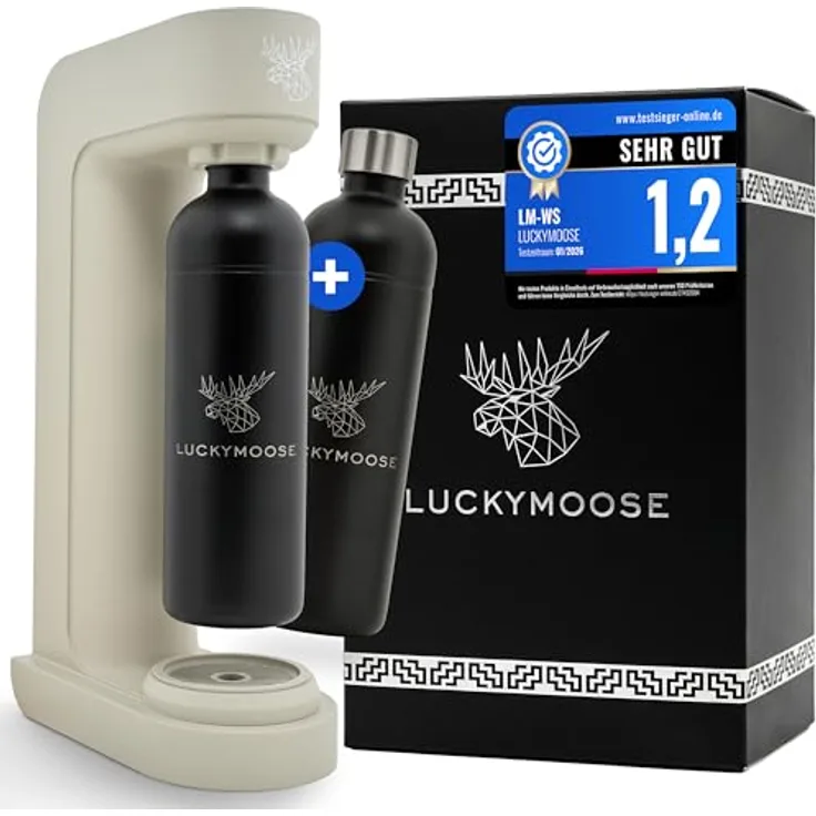 Luckymoose Infinity Wassersprudler mit 2x 1,25L spülmaschinenfesten Edelstahlflaschen – CO₂-sparende Sprudelwasser Maschine im extraflachen Design