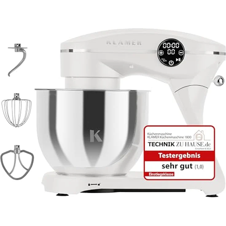 KLAMER Küchenmaschine 1800W, Knetmaschine mit 6 Liter Edelstahl Schüssel, 10 Geschwindigkeitsstufen mit Timer, Rührbesen, Knethaken, Schneebesen und Spritzschutz – Bild 1