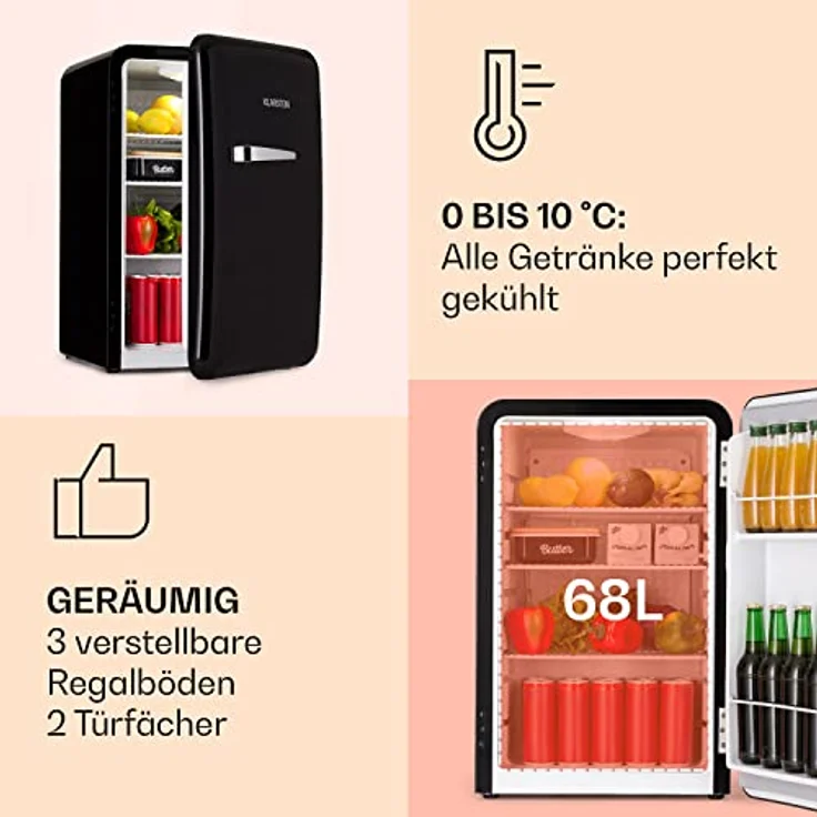 Klarstein Mini-Kühlschrank für Getränke, Vintage Design, 70 L, 0-10 °C, Lautlos – Bild 3