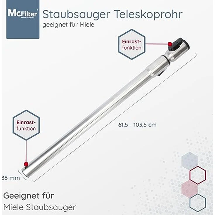 McFilter | Teleskoprohr geeignet für Miele Compact, Complete C2 Staubsauger Serie, Staubsaugerrohr mit Anschlussdurchmesser 35mm, ca. 61-103 cm mit Klickfunktion – Bild 2