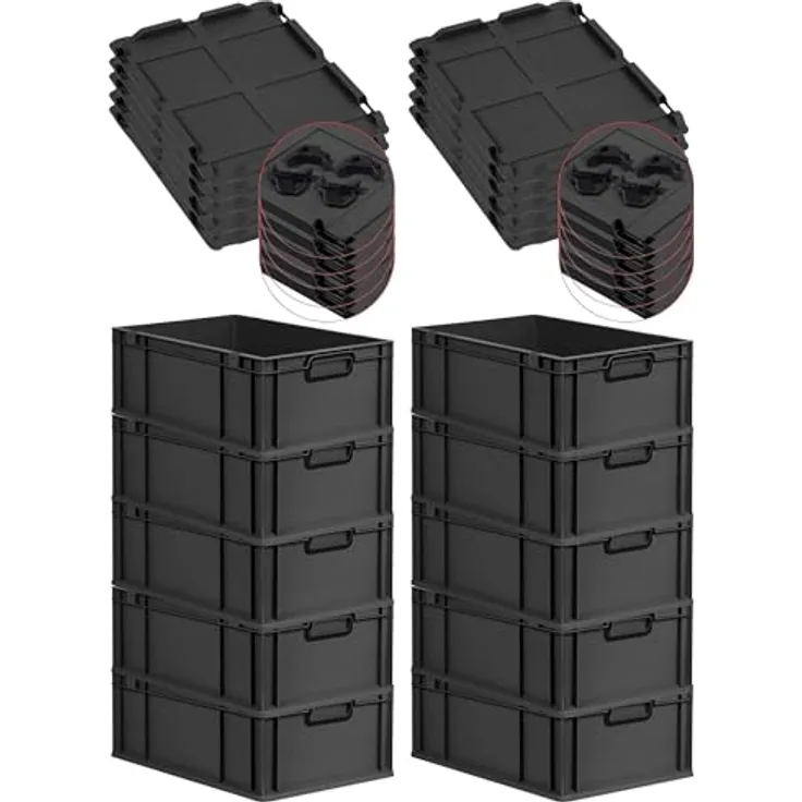 PROREGAL Eurobox NextGen Color SparSet, 10x Transportbox mit Auflagedeckel, Schiebeschnappverschlüssen, 44L, Schwarz, HxBxT 22x40x60cm
