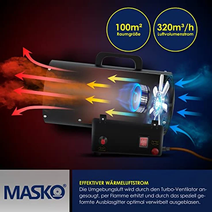 MASKO Gasheizgebläse Gasheizer Heizkanone Gasheizstrahler Bauheizer Gas Heizgerät heizstrahler Heißluftgenerator inkl. Gasschlauch & Druckminderer Heizgebläse für handelsübliche Gasflaschen Schwarz, 10 kW,  – Bild 4