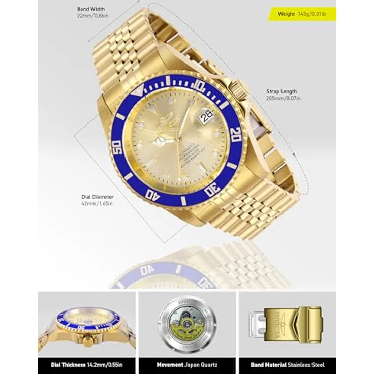 Invicta Pro Diver 29185, Edelstahl Herren Automatikuhr mit Champagnerfarbe Zifferblatt, 42mm, 20 bar wasserdicht – Bild 3