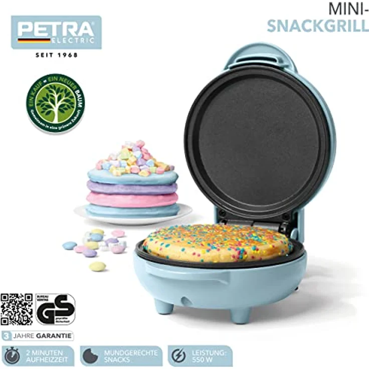 Petra PT4215BLNVDEEU7 Mini-Snackgrill, antihaftbeschichtete und einfach zu reinigende 11,5-cm-Platte, für Mittagessen, Frühstück, Pfannkuchen, Kekse und Ice Cream Sandwiches, 550 W, pastellblau – Bild 2