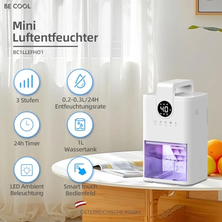 Be Cool Kompakter Mini Luftentfeuchter mit 1L Tank, 3 Modi, LED-Nachtlicht und Auto-Stopp – Ideal für Schlafzimmer und kleine Räume – Bild 2