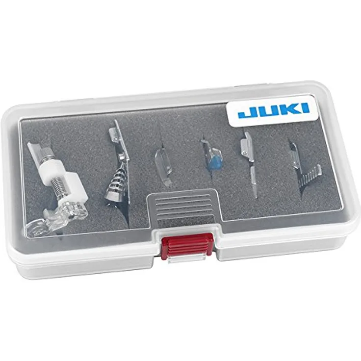 Juki Nähmaschine Nähfußset Heavy User Kit, vielseitige Nähfüße für Kordel- und Bandverarbeitung, Schrägbandeinfasser und Rollsaumfuß