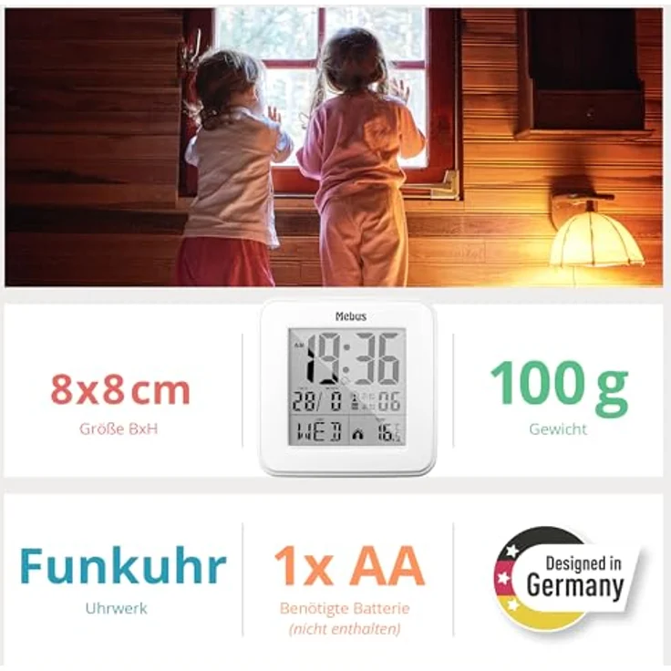Mebus Digitaler Funk-Wecker Modell 25594, Temperaturanzeige, Hintergrundbeleuchtung, Kalender, kompakt und stabil, Schwarz – Bild 5