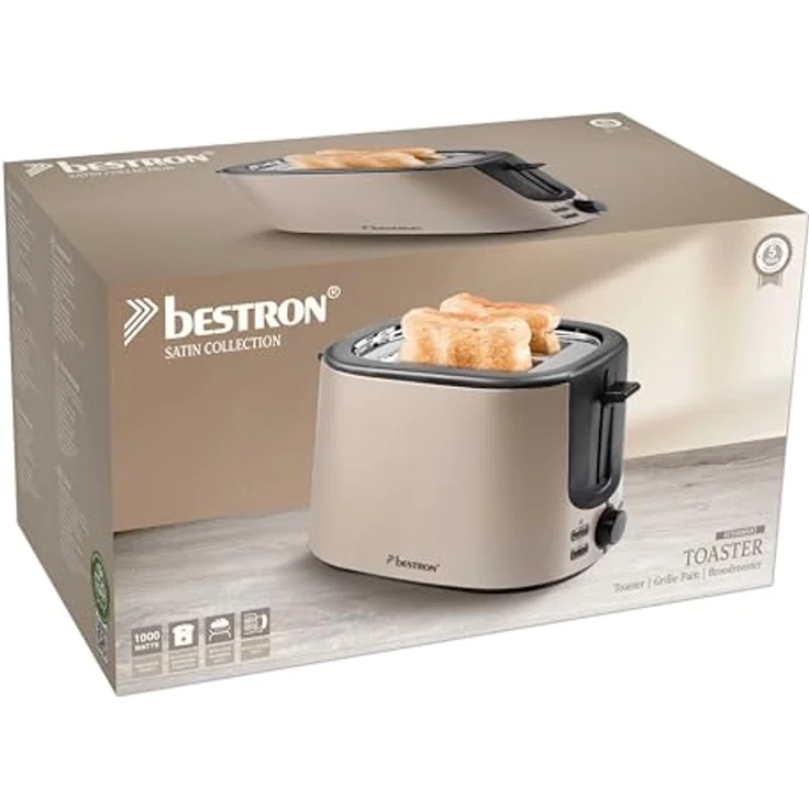 Bestron ATS1000SAT, Toaster für 2 Scheiben mit 2 Röstkammern, 7 Bräunungsstufen, Krümelschublade & Brötchenaufsatz, 1000 Watt, Farbe: Hellbeige – Bild 3