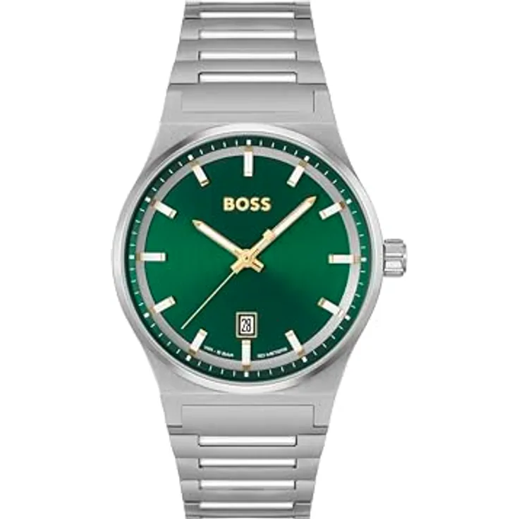HUGO BOSS Analog Quarzuhr für Herren Kollektion Candor mit Silbernes Edelstahlarmband - 1514079, Gebürstetes grünes Zifferblatt, 41 mm Durchmesser