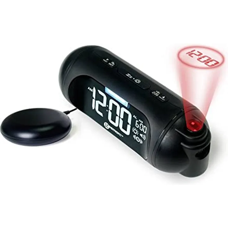 Geemarc Wake 'N' Shake Spot - Projektionswecker mit 95dB lautem Alarm, Vibrationskissen und Wiederholungsklingel für Langschläfer und Taube - USB-Ladegerät - Version DE