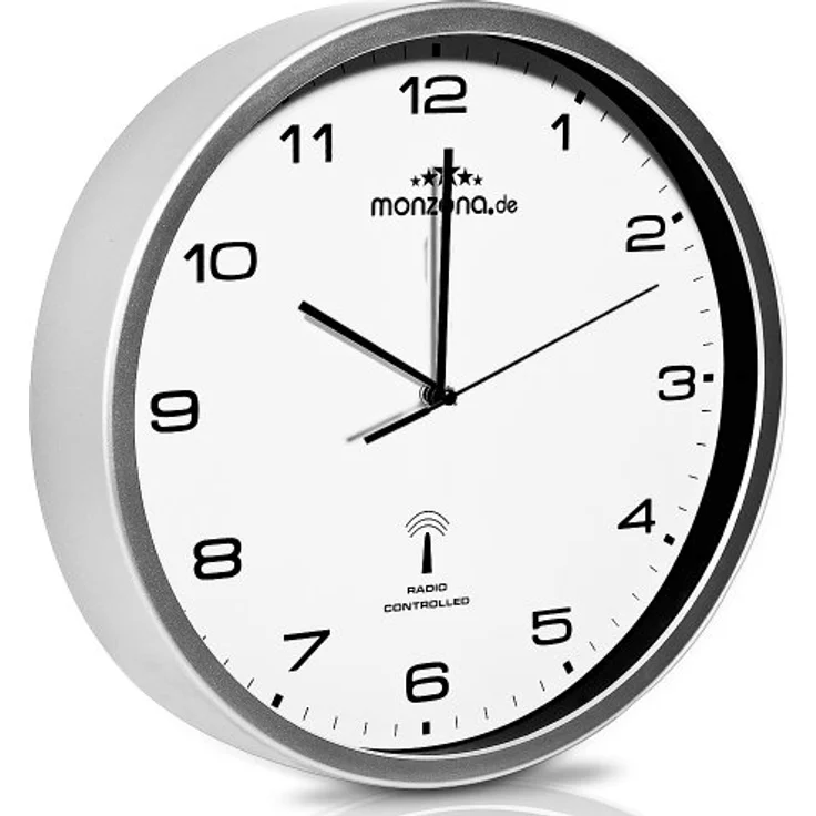 Monzana Wanduhr Funk Automatische Zeitumstellung Geräuscharm Quarzuhrwerk Analog 31cm Küche Funkuhr Uhr Modern Weiß Silber – Bild 4