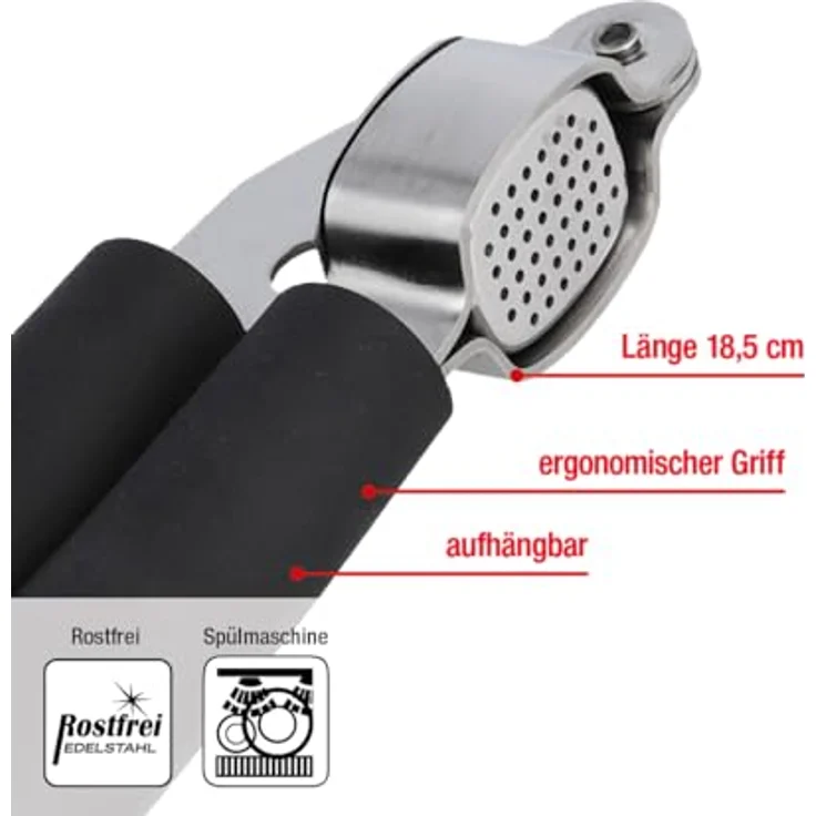 EUROHOME Knoblauchpresse CARMEN aus rostfreiem Edelstahl - Knoblauch Presse 18,5 cm - Ingwer Squeezer mit Kunststoffgriff - Küchenhelfer - Aufhänger im Griff - Knoblauchschneider spülmaschinengeeignet – Bild 3