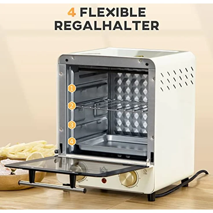 HOMCOM Minibackofen 15L, Pizza-Ofen mit Umluft, 1000 W Elektrischer Mini Ofen inkl. Backblech Set, Krümelblech, 1 Std. Timer, 60-230℃, Cremeweiß – Bild 5