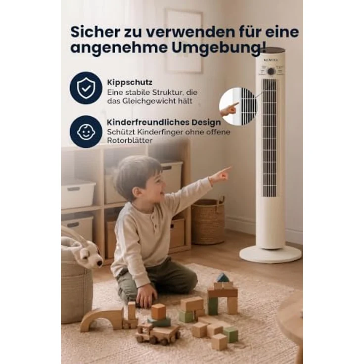 KUMTEL Standventilator, 50 W mit automatischer Abschaltfunktion und Fernbedienung, 60° Oszillation, weiß – Bild 8