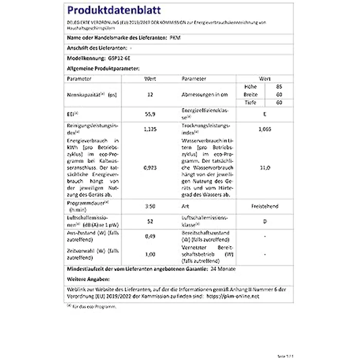PKM Geschirrspüler GSP12-6E/12 Gedecke/6 Programme/2100 Watt/49 dB/Eco-, 90 Min-, Glas-, Schnell-, Intensiv-, Universalprogramm/Startzeitvorwahl/Freistehend//2 Körbe/1 Besteckkorb/Energieeffizienz E – Bild 3