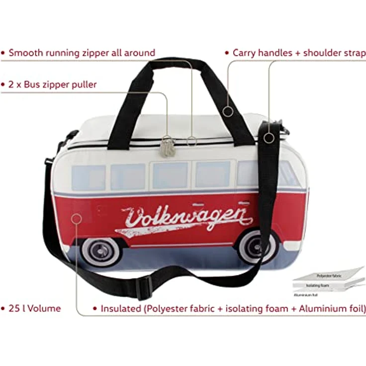TOP Kühltasche VW T1, isolierte Kühlbox mit 25 l Inhalt, rot/weiß, mit Tragegriffen und verstellbarem Gurt – Bild 2