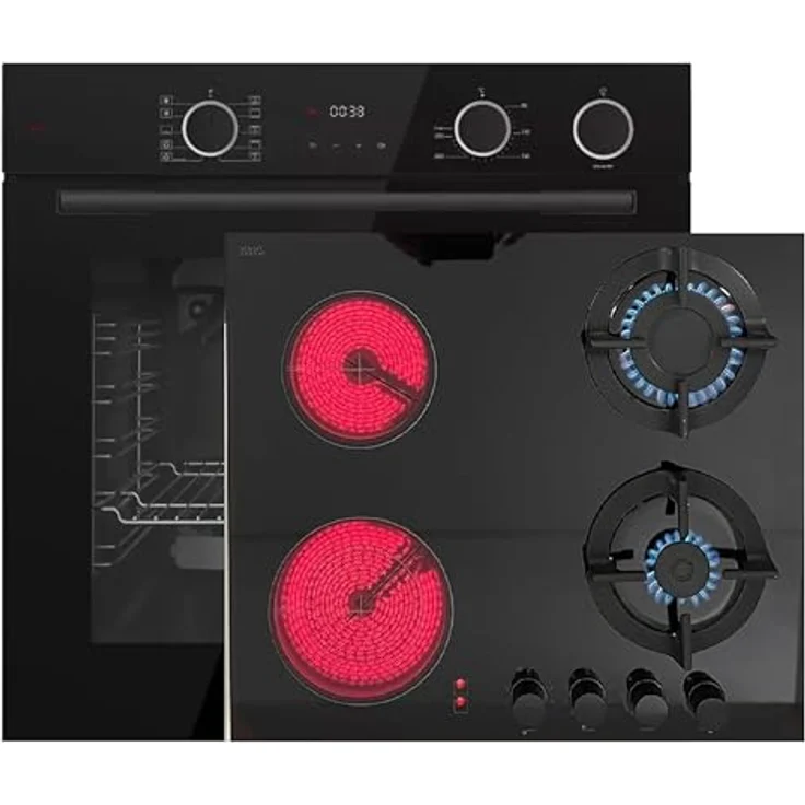 BÖHME Gasline & Böhme Einbau Backofen Set 60 cm – 73L XXL Garraum, AirFry & Dampfunterstützung, 280°C, Energieklasse A, Gas/Glaskeramik Kochfeld SCHOTT CERAN, 2 Gasbrenner, Schwarz – Bild 1
