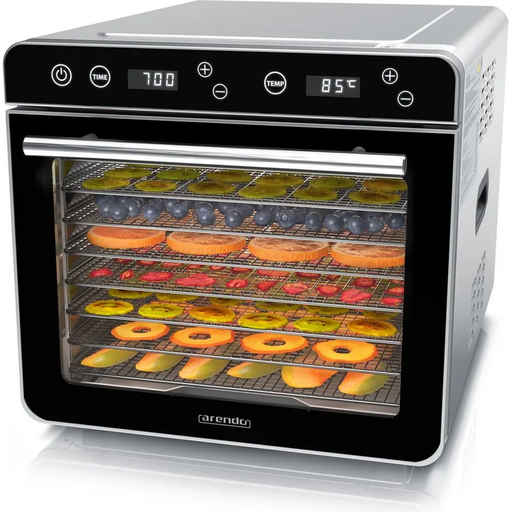 Arendo Dörrautomat Edelstahl, Dörrgerät 700 W mit 8 Etagen, Temperaturregler 35°-85°C, Timer 0,5-24h, BPA-frei, spülmaschinengeeignet