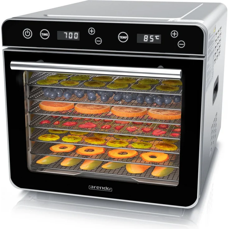 Arendo Dörrautomat Edelstahl, Dörrgerät 700 W mit 8 Etagen, Temperaturregler 35°-85°C, Timer 0,5-24h, BPA-frei, spülmaschinengeeignet