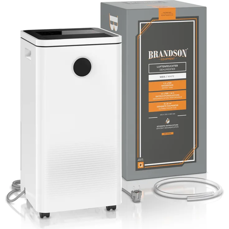 Brandson Luftentfeuchter Kompressor, 10 L pro 24h, elektrisch für 40 m³ Räume, 2,5 L Tank, Weiss und Schwarz