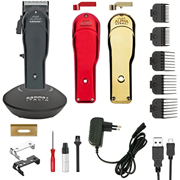 GAMMAPIU' Absolute Alpha Professioneller Haarschneider für Herren mit rotierendem Motor, 4 Stunden Lebensdauer ohne Kabel, verstellbare Klinge, geräuschlos, 3 Schutzhüllen rotgold schwarz, 5 Kämme