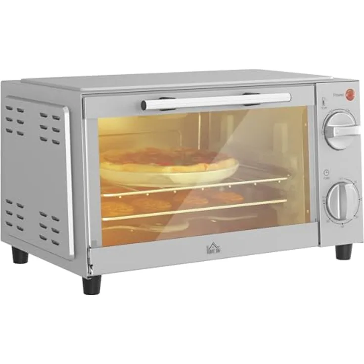 HOMCOM Minibackofen 9L Mini Ofen mit Backblech, Grillrost, einstellbarer Temperatur und Timer, 750W, Edelstahl, Silber