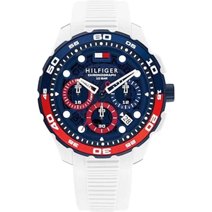 Tommy Hilfiger Chronographen-Quarzuhr mit Kalender für Herren, 44mm Gehäuse mit weißem Silikonarmband und blauer Zifferblatt, 10 ATM wasserdicht, Modell 1792231 – Bild 1