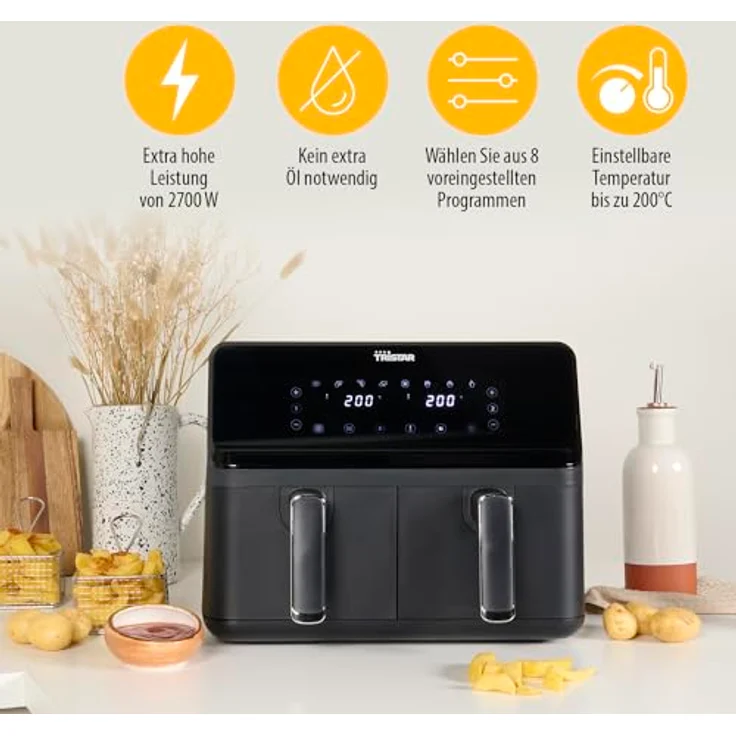 Tristar FR-9026 Doppelkorb-Heißluftfritteuse, 8 Liter, 2700 Watt, schwarz – Bild 7