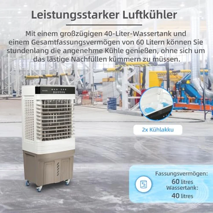 be cool Ventilatorkombigerät Mobiler Luftkühler 60 Liter, Wasserkühlung, 60L Wassertank, leistungsstark mit 150 Watt, für Räume bis zu 60m², mit 120° Schwenkfunktion, Touch-Bedienfeld und Fernbedienung, in Schwarz – Bild 4