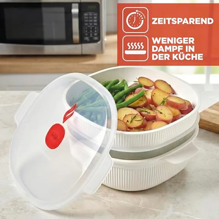 Snips Dampfgarer für Mikrowelle Weiß, 4L, Spülmaschinenfester Mikrowellenbehälter mit 2 Tabletts, schnelle Zubereitung, 26.5x22x13.5 cm, Made in Italy – Bild 3
