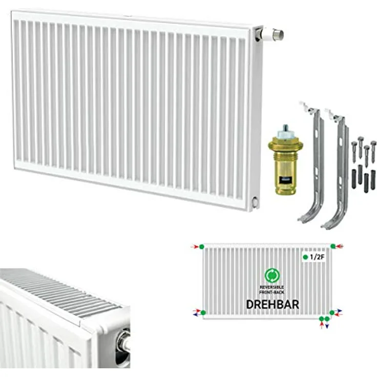 Belrad Universalheizkörper Kompakt Ventilheizkörper 6 Anschlüsse T22 500x400-578W, hochwertiger Heizkörper mit 6 Anschlüssen, weiß