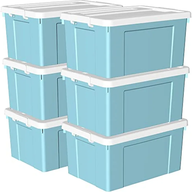Cetomo 65 l x 6 Kunststoff-Aufbewahrungsbox, Tragetasche, Organisationsbehälter mit robustem Deckel und sicheren Verriegelungsschnallen, stapelbar und stapelbar, 6 Stück, blau mit Schnalle