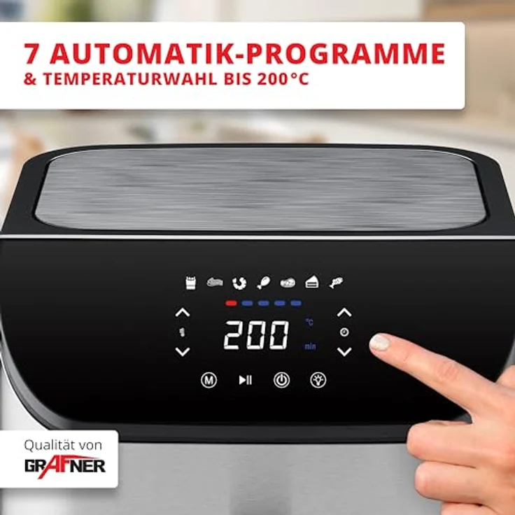 Grafner XXL Digitale Heißluftfritteuse 8 L, 1800 Watt, LED Touchscreen, 7 Programme, Sichtfenster, Edelstahl, inkl. 100x Backpapier, Antihaft-Beschichtung, ölfrei – Bild 4