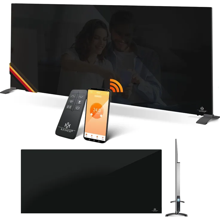 KESSER® Infrarotheizung Glaskonvektor, 2in1 Standgerät & Wandmontage, IP24 spritzwassergeschützt, inklusive Fernbedienung & App-Steuerung, energiesparend, Heizbereich 5-50°C, für Räume bis 15m²