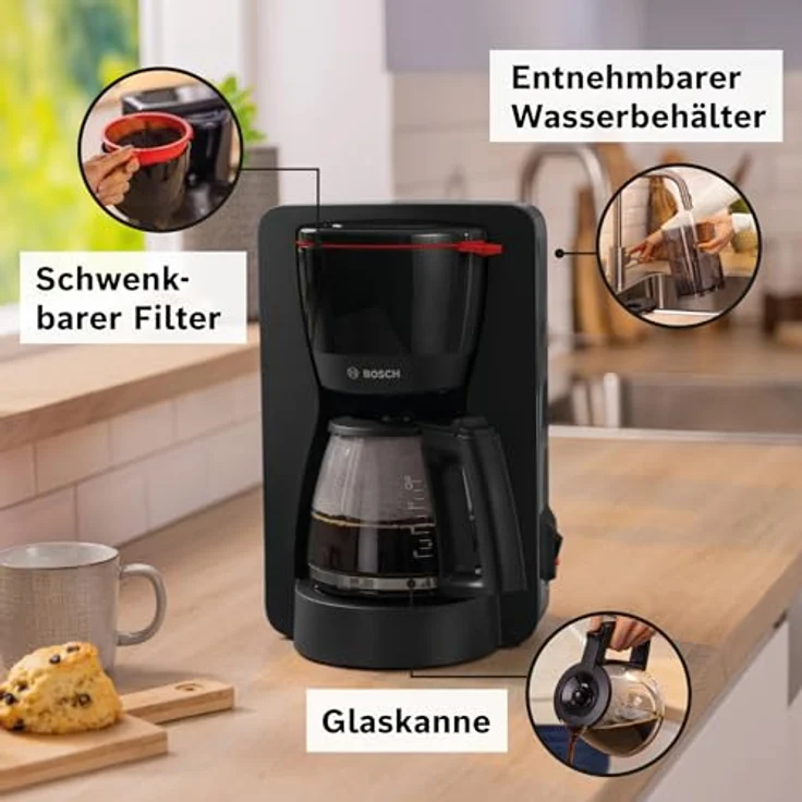Bosch Filterkaffeemaschine MyMoment TKA2M113,1200 W, Glaskanne 1,25 l, für 10-15 Tassen, 40min Warmhaltefunktion, Schwarz matt – Bild 3