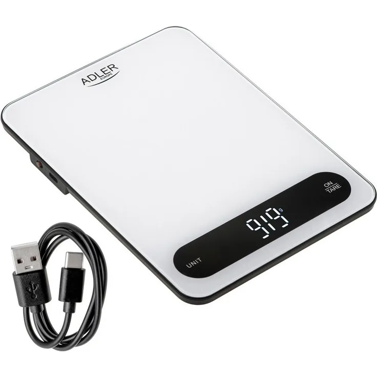 ADLER EUROPE Küchenwaage AD 3177wb, Digitale Glaswaage bis 10 kg, USB-C aufladbar, Sensor-Touch, Tara-Funktion, Weiß