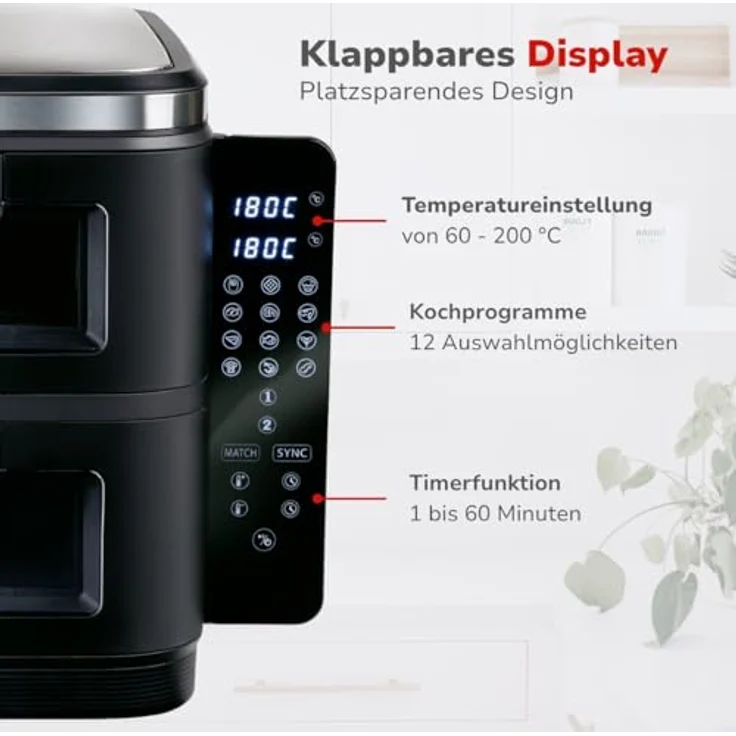 alpina Double Airfryer XXL, Heißluftfritteuse mit 11L und 2 Kammern, für 8 Personen, faltbares Display, Timer bis 60 Minuten, Temperatur 60-200°C, Schwarz – Bild 4