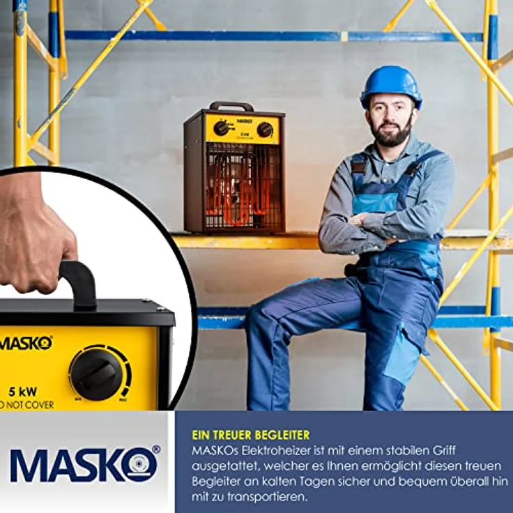 Masko® Elektroheizer Heizlüfter Bauheizer 5 KW mit integriertem Thermostat elektrisch Heizgerät 5000 Watt 3 Heizstufen Heizgebläse für Innen- und Außeneinsatz Überlastschutz Elektroheizgebläse Gelb – Bild 4