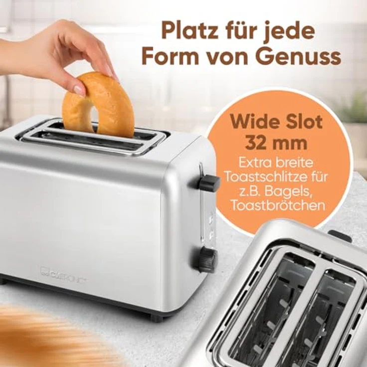 Clatronic TA 3822, 2-Scheiben Toaster mit Edelstahlgehäuse, integriertem Brötchenaufsatz, extra breiten Toastschlitzen, Auftau-/Aufwärmfunktion und stufenlos einstellbarem Bräunungsgrad – Bild 3