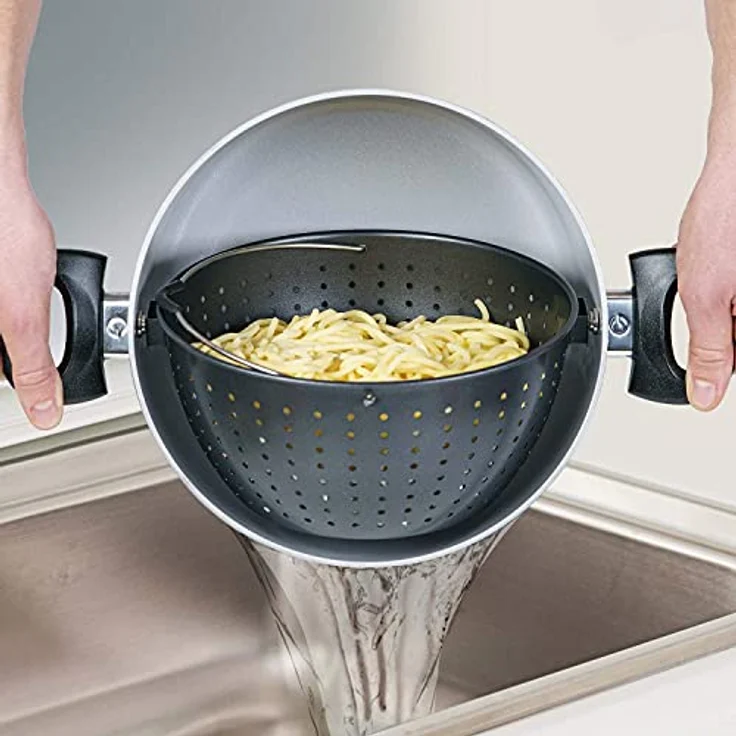 Genius Cerafit Magic Pot Kochtopf-Set 24cm - Topf 6,4l mit Siebeinsatz & Glasdeckel für einfaches Kochen, Abgießen & Servieren | keramikbeschichteter Nudeltopf für alle Herdarten, Schwarz, A24662 – Bild 4