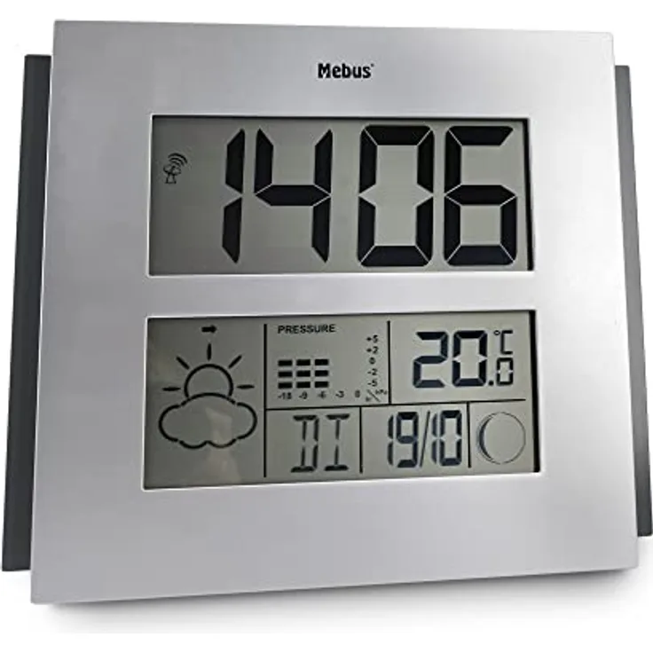 Mebus digitale Funk-Wetterstation extragroß für Wand oder Tisch, mit Wettervorhersage, Barometer, Mondphasen, Kalender und Weckfunktion/Alarm, gut lesbar/Farbe: Silber-Schwarz/Modell: 40330