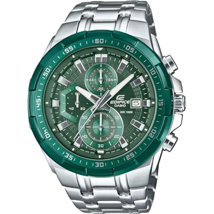 Casio EFR-539DE-3AVUEF, Chronograph mit grünem Zifferblatt, silbernem Edelstahlarmband, Wasserdicht bis 10 bar, Stoppuhr und Kalenderfunktion