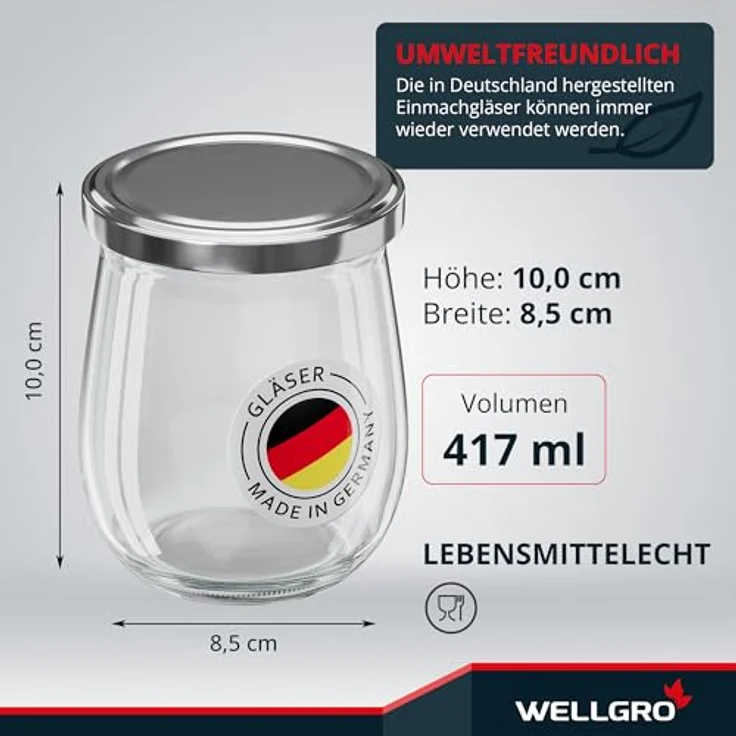 WELLGRO 25x Einmachgläser mit Schraubdeckel, 417ml, silberner Deckel To 82, Made in Germany, vielseitige Vorratsgläser und Gärglas – Bild 2