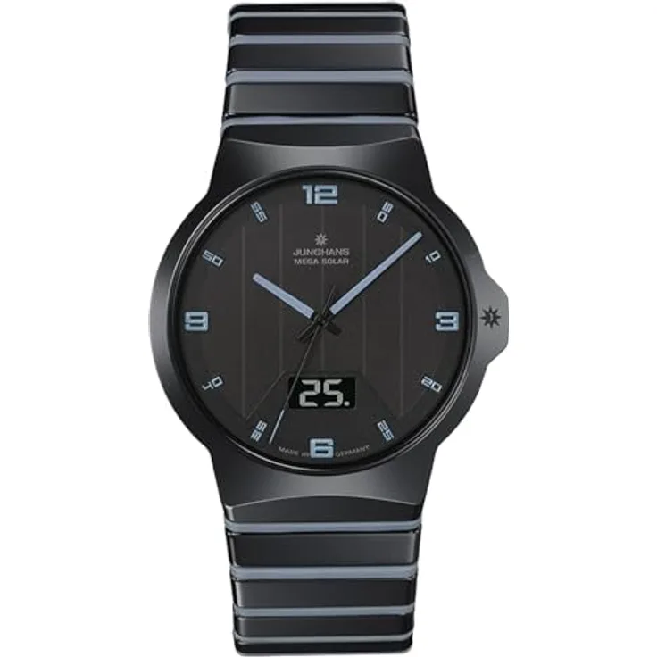 JUNGHANS Funk-Solar Herrenuhr Force Mega Solar Keramik/Eisblau 018/1400.44, Armbanduhr mit schwarzem Keramikarmband und Antireflex-Saphirglas - Preisvergleich