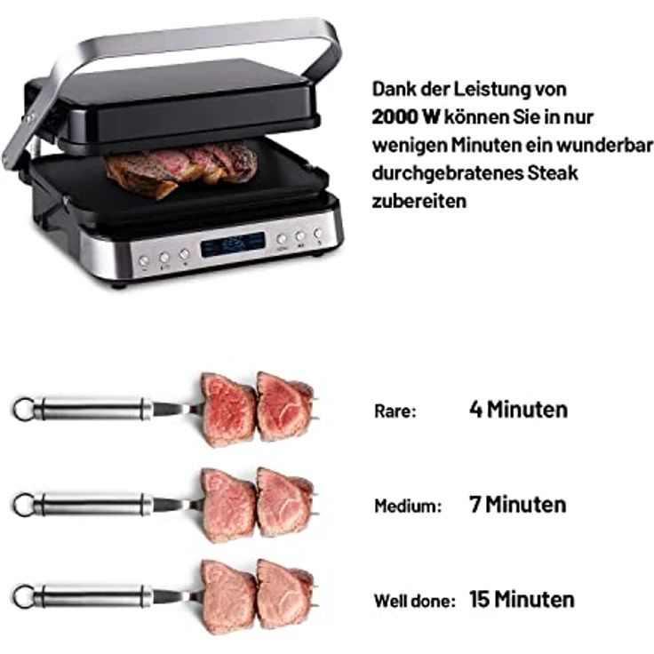 Lauben Contact Grill Deluxe 2000ST Tisch-Kontaktgrill mit 6 Automatikprogrammen, abnehmbaren Platten, LED-Display, Speicher-Funktion, Abtropfschale, Spülmaschinengeeignet – Bild 4