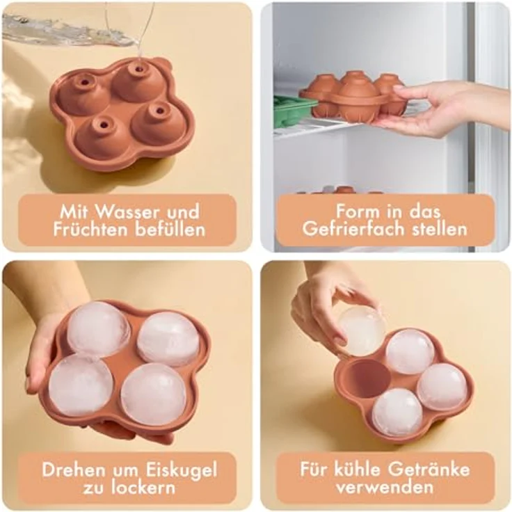 Blumtal Eiswürfelformen Silikon 3er Set, BPA-freie Eiskugelform mit Deckel, 6er Ice Ball Maker, Olivgrün + Mineral Rot – Bild 5