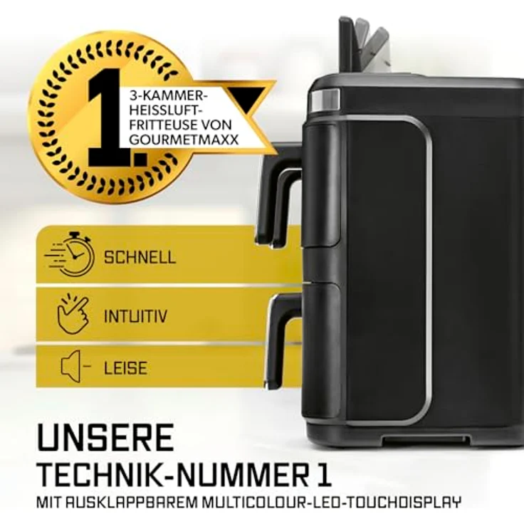 GOURMETmaxx FryUp3, Vertikale Heißluft-Fritteuse mit 3000W, 17l, 3 Frittierkammern und Sichtfenster, schwarz/Edelstahl – Bild 2