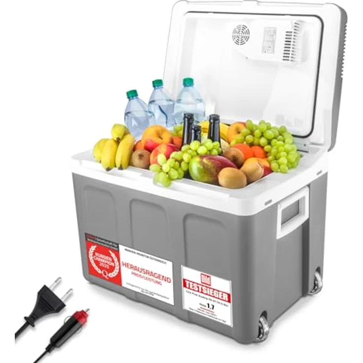 First Kühlbox 40 l, elektrische Kühl- und Warmhaltefunktion, grau/weiß, Kühlung bis -18 °C, Heizfunktion bis 65 °C, Tragegriff, abschließbare Kabelkammer – Bild 1
