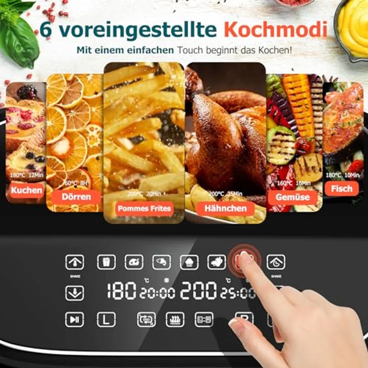 cookwise Heißluftfritteuse 9L, 2 Kammern (3L & 6L), 6-in-1, Touchscreen, spülmaschinenfeste antihaftbeschichtete Körbe, fettfreies Kochen ohne Öl – Bild 4